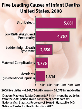 Chart: The top 5 causes of infant deaths in 2008 were birth defects (5,681); low birth weight and prematurity (4,757); SIDS [Sudden Infant Death Syndrome] (2,350); maternal complications (1,775); accidents/unintentional injuries (1,314).