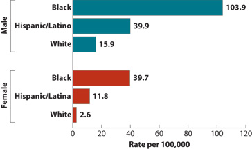 Shown here is a horizontal bar chart entitled, Estimated Rate of New HIV Infections, 2009, by Gender and Race/Ethnicity.
By Male:
Black = 103.9/100,000
Hispanic/Latino= 39.9/100,000
White = 15.9/100,000
By Female:
Black = 39.7/100,000
Hispanic/Latina = 11.8/100,000
White = 2.6/100,000