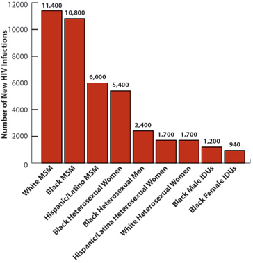 Shown here is a vertical bar chart entitled, Estimates of New HIV Infections in the United States, 2009, for the Most-Affected Subpopulations. 
White MSM = 11,400
Black MSM = 10, 800
Women = 6,000
Hispanic/Latino MSM = 5,400
Black Heterosexual Men =2,400
White Heterosexual Women = 1,700
Black Male IDUs = 1,700
Hispanic/Latina Heterosexual Women = 1,200
Black Female IDUs =940