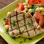 Photograph of Grilled Tuna With Chickpea and Spinach Salad.