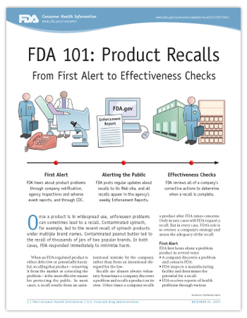 Cover page of PDF version of this article, including a graphic diagram of icons illustrating the three stages of a recall: First Alert, Alerting the Public, and Effectiveness Checks