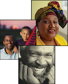 Image of African American women in head dress, black and white of an African American male, image of a Father and son photo