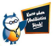 Illustration of the WISE owl pointing to a chalk board that reads know when antibiotics work