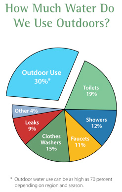 How Much Water Do We Use Outdoors? Outdoor Use: 30%. Toilets: 19%. Showers: 12%. Faucets: 11%. Clothes Washers: 15%. Leaks: 9%. Other: 4%.