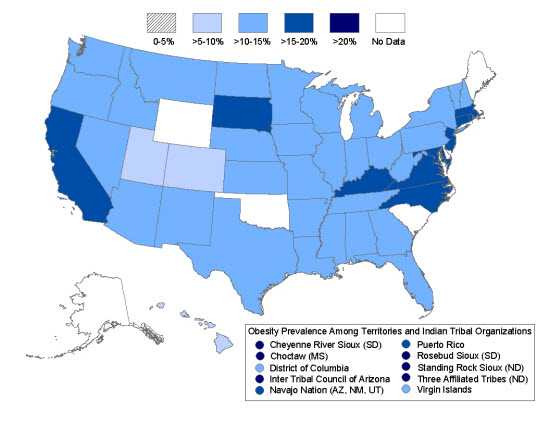2011 obesity rates for states, U.S. territories, and Indian Tribal Organizations (ITOs) that contributed data to the 2011  Pediatric Nutrition Surveillance System. No contributors had obesity rates of less than 5%.  Obesity rates greater than 5% to 10% include Colorado, Hawaii and Utah. Obesity rates greater than 10% to 15% include Alabama, Arizona, Arkansas, Florida, Georgia, Idaho, Illinois, Indiana, Iowa, Kansas, Louisiana, Michigan, Minnesota, Mississippi, Missouri, Montana, Nebraska, Nevada, New Hampshire, New Mexico, New York, North Dakota, Ohio, Oregon, Pennsylvania, Tennessee, Texas, Vermont, Washington, West Virginia, Wisconsin, the District of Columbia and the U.S. Virgin Islands.  Obesity rates greater than 15% to 20% include California, Connecticut, Kentucky, Maryland, Massachusetts, New Jersey, North Carolina, Rhode Island, South Dakota, Virginia, and these U.S. territories and ITOs: the Navajo Nation, and Puerto Rico. Obesity rates greater than 20% include the Cheyenne River Sioux (SD), Inter Tribal Council of Arizona, the Choctaw-MS, the Rosebud Sioux, the Standing Rock Sioux (ND),and the Three Affiliated Tribes (ND)