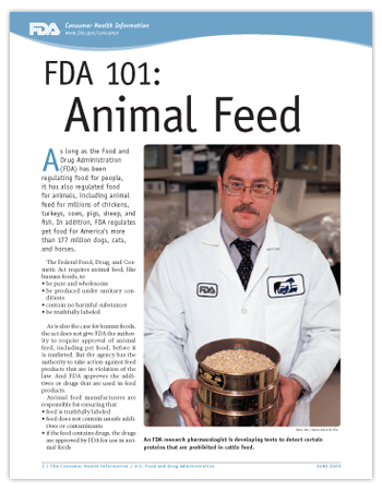 PDF of this article including photo of FDA scientist in lab holdinig test sample of cattle feed.