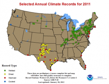 Map of U.S. showing wettest, driest, coolest, warmest regions by colored dots