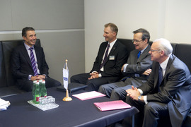 Bilateral meeting with the representatives of the Lithuanian Chairmanship and the OSCE Secretary General. Left to right: NATO Secretary General Anders Fogh Rasmussen; Kestutis Jankauskas, Permanent State Secretary of the Ministry of Foreign Affairs of Lithuania; OSCE Secretary General, Marc Perrin de Brichambaut; and the Lithuanian Ambassador to the OSCE Renatas Norkus.