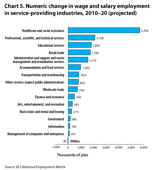 Chart 5. Numeric change in wage and salary employment in service-providing industries, 2010-20 (projected)