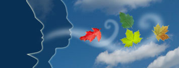Illustration: Silhouette of two people blowing fall leaves through the air.