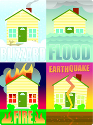 Ilustración de cuatro casas afectadas por una tormenta de nieve, una inundación, un incendio o un terremoto.