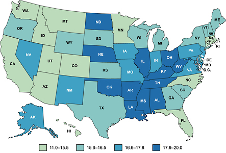 Mapa de los Estados Unidos que muestra las tasas de mortalidad del cáncer colorrectal por estado.