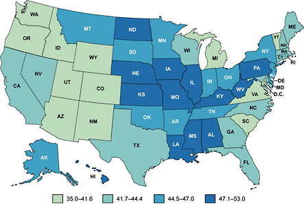 Mapa de Estados Unidos que muestra las tasas de incidencia de cáncer colorrectal por estado.