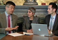 Secretary Locke, AAPI Executive Director Kiran Ahuja and White House aide with laptop computer. Click for larger image. (Courtesy of the White House)