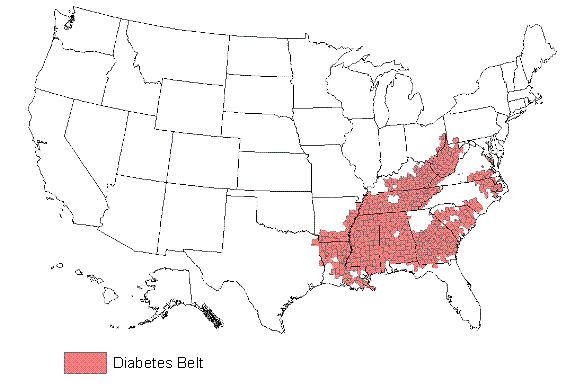 Map showing areas in the Diabetes Belt