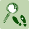 A green icon with a magnifying glass and foot print.