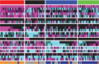 Box of colored bars, depicting genes identified by TCGA for association with methylation (blue) or mutation (purple) in squamous lung cancer