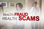 Health Fraud, Health Scams - background has woman squeezing into pants, husband questioning her diet pills.