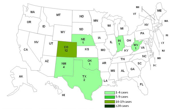 chart and map showing persons infected with the outbreak strain of Listeria monocytogenes, by state
