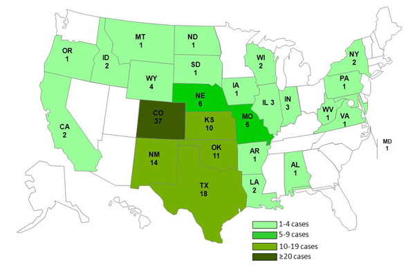 chart and map showing persons infected with the outbreak strain of Listeria monocytogenes, by state