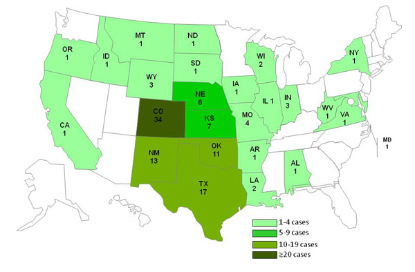 chart and map showing persons infected with the outbreak strain of Listeria monocytogenes, by state