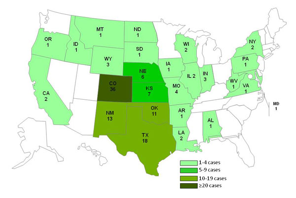 chart and map showing persons infected with the outbreak strain of Listeria monocytogenes, by state