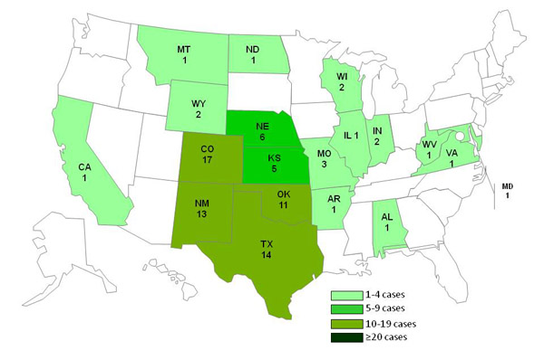 chart and map showing persons infected with the outbreak strain of Listeria monocytogenes, by state