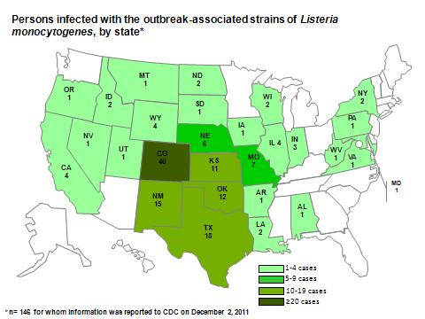 map showing Listeriosis infections by state