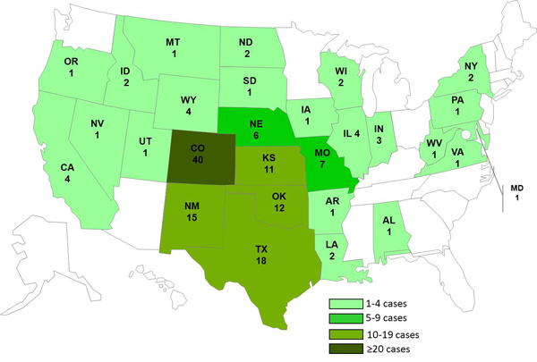 map showing persons infected with the outbreak strain of Listeria monocytogenes, by state