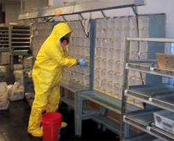 Worker in a hazmet suit checks mailboxes for anthrax
