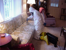 Worker in a hazmet suit test for the existence of anthrax in a couch.