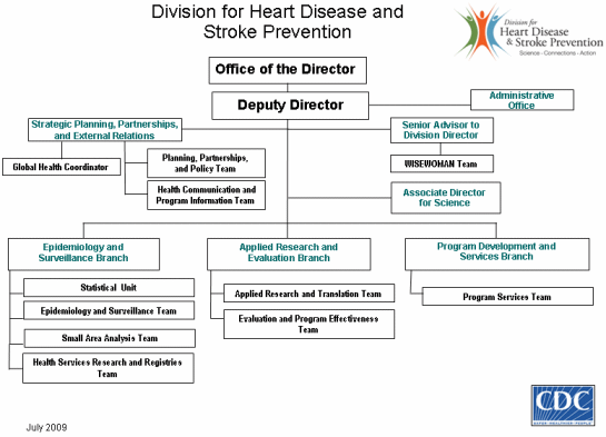 DHDSP Organizational Chart. At the top is the Office of the Director, which includes the Deputy Director and the administrative office. Below that is the Strategic Planning, Partnerships, and External Relations group, which includes the Global Health Coordinator, the Planning, Partnerships, and Policy Team, and the Health Communications and Program Information Team. Also below the Office of the Director is the Senior Advisor to the Division Director, the WISEWOMAN team, and the Associate Director for Science. Below these positions are the Epidemiology and Surveillance Branch, which includes the Statistical Unit, the Epidemiology and Surveillance Team, the Small Area Analysis Team, and the Health Services Research and Registries Team. Next to that is Applied Research and Evaluation Branch, which includes the Applied Research and Translation Team, and the Evaluation and Program Effectiveness Team. Next to that is the Program Development and Services Branch, which includes the Program Services Team.