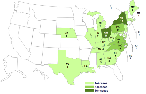 Persons infected with the outbreak strains of Salmonella Infantis, Newport, and Lille, by State as of May 25, 2012