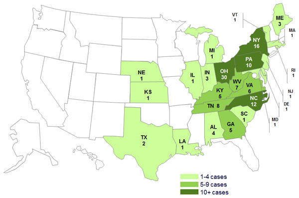 Persons infected with the outbreak strains of Salmonella Infantis, Newport, and Lille, by State as of June 5, 2012