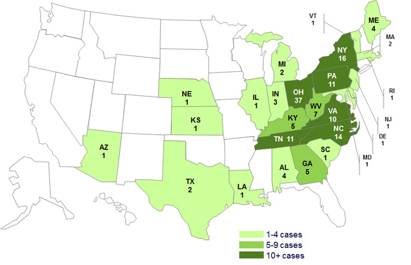Persons infected with the outbreak strains of Salmonella Infantis, Newport, and Lille, by State as of July 11, 2012