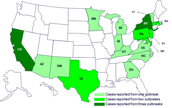 Persons infected with the outbreak strain of Salmonella Sandiego, Salmonella Pomona, and Salmonella Poona, by state as of April 4, 2012