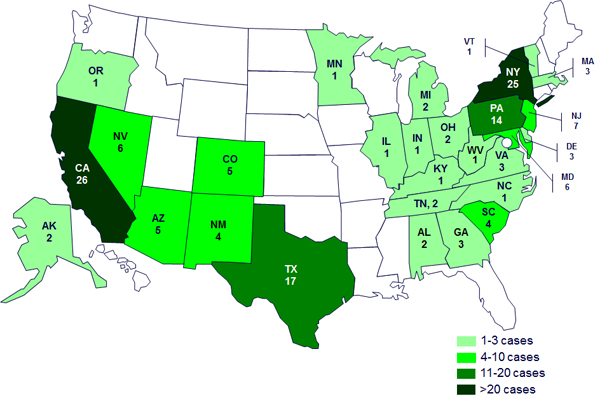 Persons infected with the outbreak strain of Salmonella Sandiego, Salmonella Pomona, and Salmonella Poona, by state as of June 25, 2012