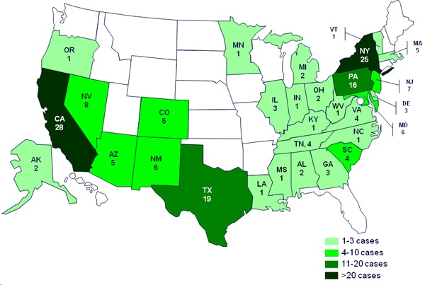 Persons infected with the outbreak strain of Salmonella Sandiego, Salmonella Pomona, and Salmonella Poona, by state as of August 8, 2012