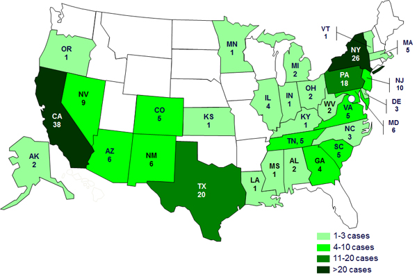 Persons infected with the outbreak strain of Salmonella Sandiego, Salmonella Pomona, and Salmonella Poona, by state