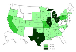 A map of the United States displaying Salmonella Heidelberg infections by state.