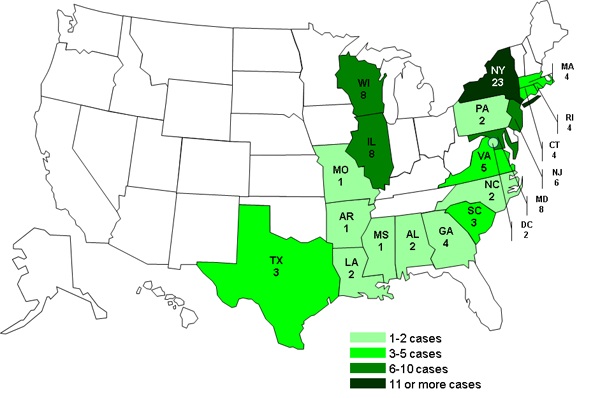 Persons infected with the outbreak strains of Salmonella Bareilly and Salmonella Nchanga, by State as of April 4, 2012