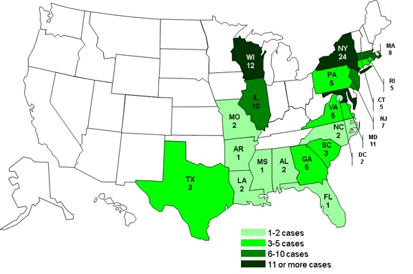 Persons infected with the outbreak strains of Salmonella Bareilly and Salmonella Nchanga, by State as of April 10, 2012