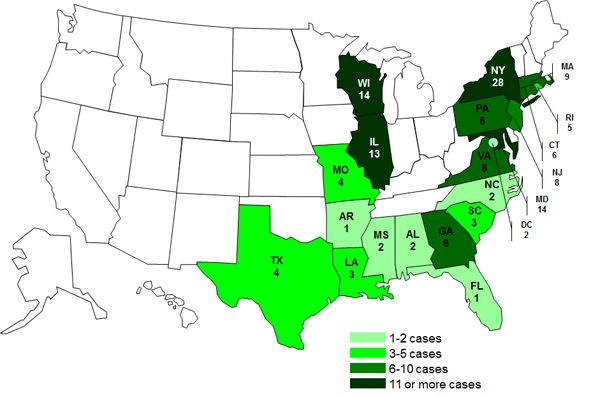 Persons infected with the outbreak strains of Salmonella Bareilly and Salmonella Nchanga, by State as of April 16, 2012