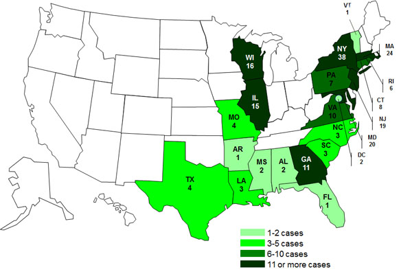 Persons infected with the outbreak strains of Salmonella Bareilly and Salmonella Nchanga, by State as of April 23, 2012