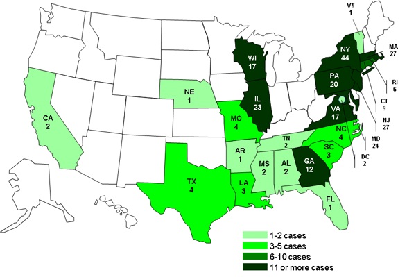 Persons infected with the outbreak strains of Salmonella Bareilly and Salmonella Nchanga, by State, as of May 1, 2012