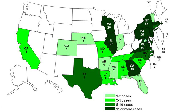 Persons infected with the outbreak strains of Salmonella Bareilly and Salmonella Nchanga, by State, as of May 14, 2012