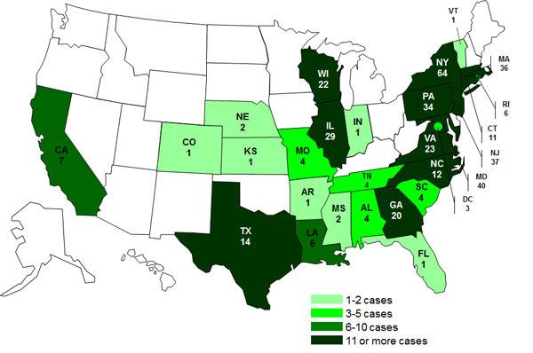 Persons infected with the outbreak strains of Salmonella Bareilly and Salmonella Nchanga, by State as of June 19, 2012
