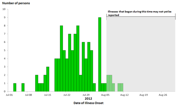 Persons infected with the outbreak strain of Salmonella Braenderup, by date of illness onset as of August 29, 2012