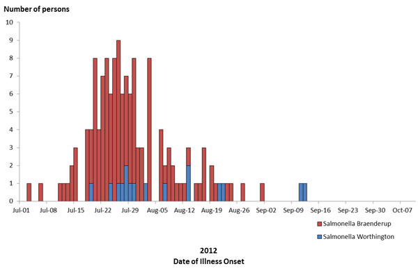 Persons infected with the outbreak strain of Salmonella Braenderup, by date of illness onset