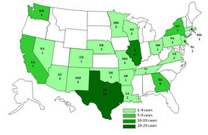 Chart and map showing Salmonella Agona infections by state